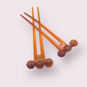 Antique Amber Hairpin Forks Victorian Ornamental Styling Accessory Set